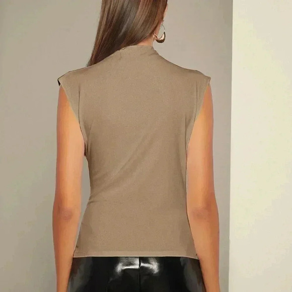 Khaki Elegant Women's Mock Neck Ruched Tank Top Workwear - Picture 2 of 6